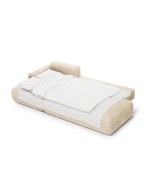 Orion Ecksofa für 5 Personen, umwandelbar, aus Samt, links, mit Kofferraum Orion, hellbeige — 275 x 142 x 84 cm