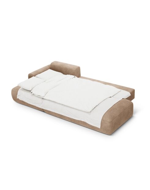 Orion Ecksofa für 5 Personen, umwandelbar, aus Samt, rechts, mit Kofferraum Orion, dunkelbeige — 275 x 142 x 84 cm