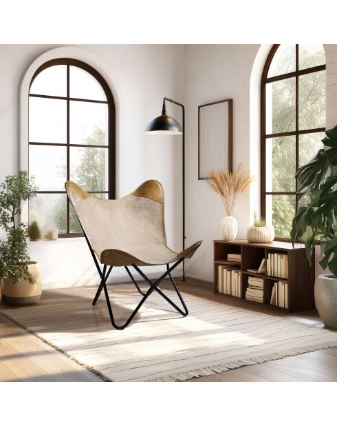 Silla Butterfly de lona y piel - 78x81x92 cm