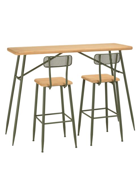 Set 1 Bar+2 Hocker aus Kiefernholz und grünem Metall - 153 x 50 x 103,5 cm