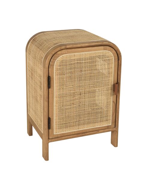 Nachtkastje ronde vorm in mindi en natuurlijk rotan 1 deur 1 plank - 42x35x62 cm