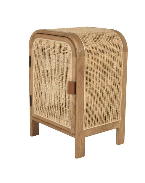 Nachtkastje ronde vorm in mindi en natuurlijk rotan 1 deur 1 plank - 42x35x62 cm
