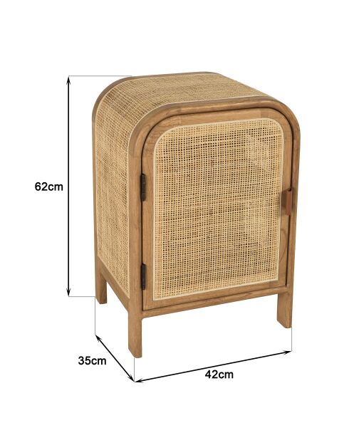 Nachtkastje ronde vorm in mindi en natuurlijk rotan 1 deur 1 plank - 42x35x62 cm