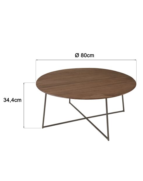 Ronde salontafel in mindi hout met metalen poten - 80x80x 34,5cm