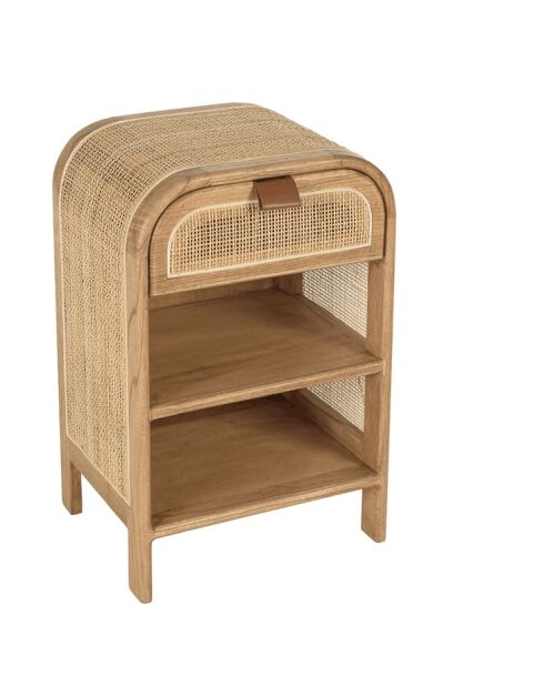 Nachtkastje met ronde vorm, mindi en natuurlijk rotan, 1 lade, 2 planken - 42x35x65 cm