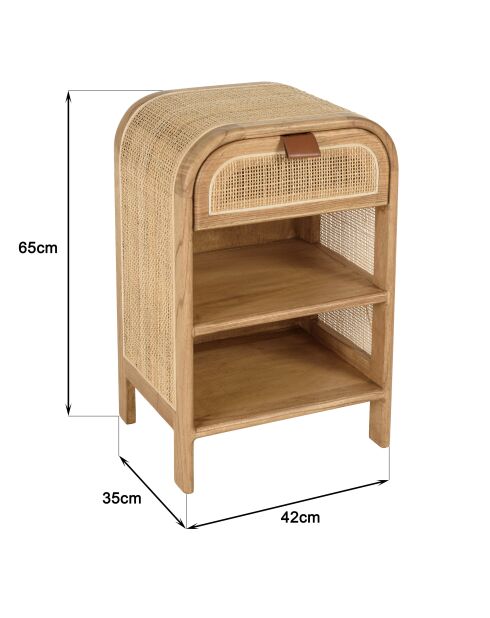 Nachtkastje met ronde vorm, mindi en natuurlijk rotan, 1 lade, 2 planken - 42x35x65 cm