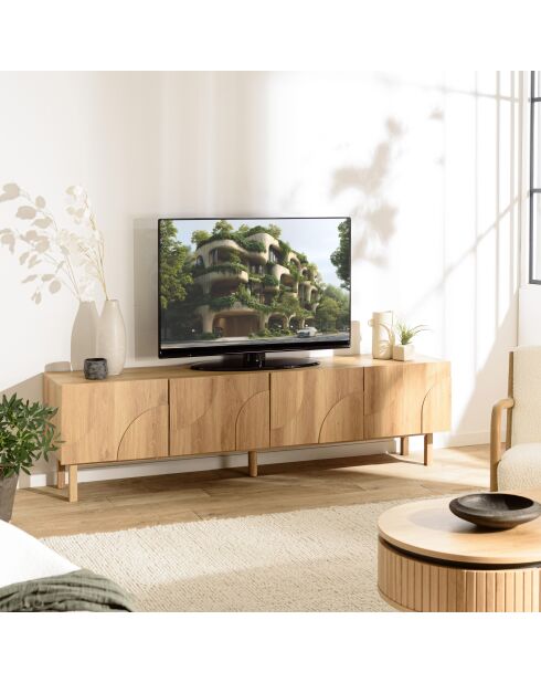 Mueble de TV de 4 puertas con decoración natural de motivos redondeados - 200x42x55 cm