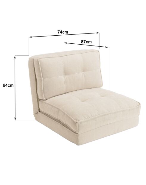 Chauffeuse convertible 1 place en tissu écrue - 74x87x64 cm