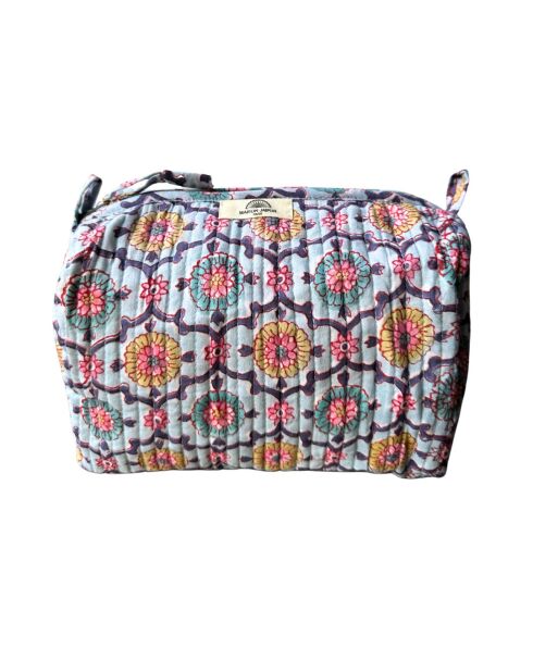 Borsa da toilette foderata e trapuntata stampata su fondo blu