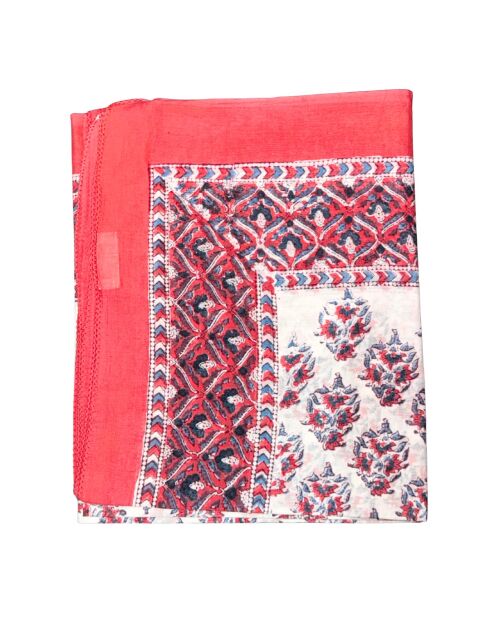 Paréo Pondichéry en coton rouge corail/bleu