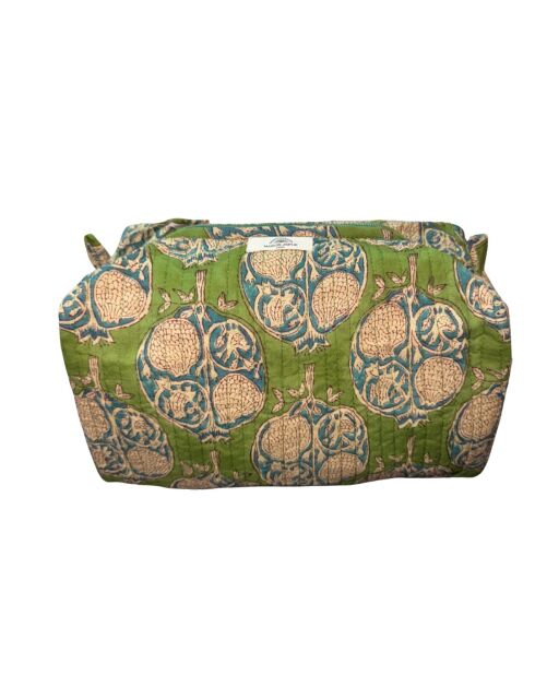 Borsa da toilette verde indiana con stampa a blocchi