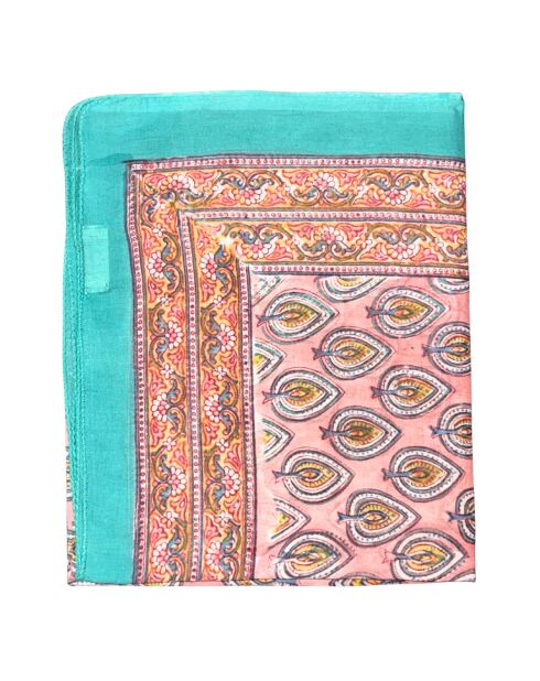 Paréo Pondichéry en coton turquoise vif/rose