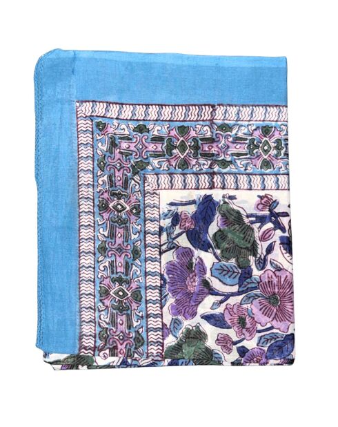 Pondicherry Sarong aus himmelblauer Baumwolle mit rosafarbenem Blumendruck