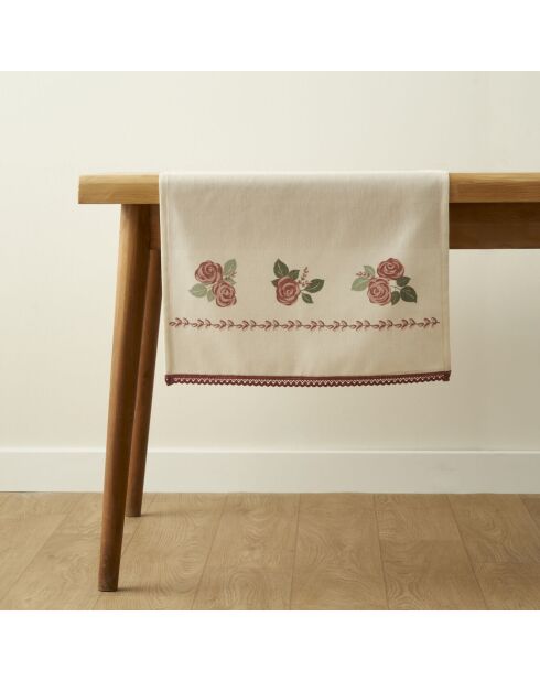 Chemin de table matelassé imprimé de roses crème - 50x150 cm