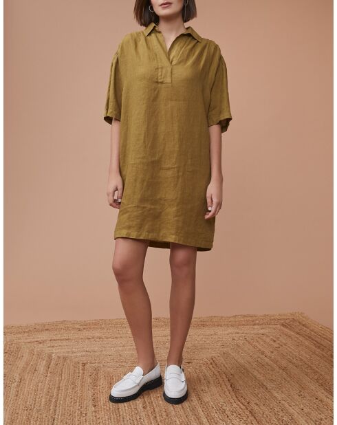 Laureen khakifarbenes Kleid aus 100% Leinen