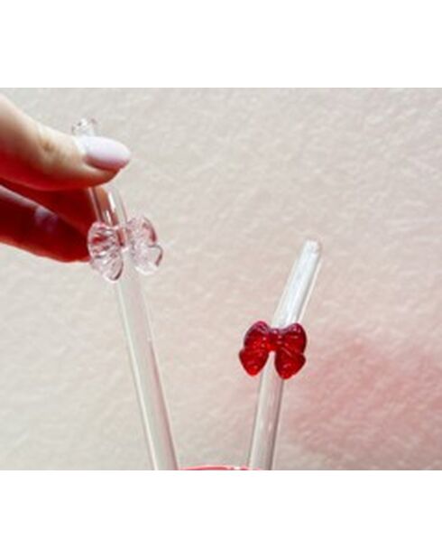 Glazen rietje met rode strik - 20 cm