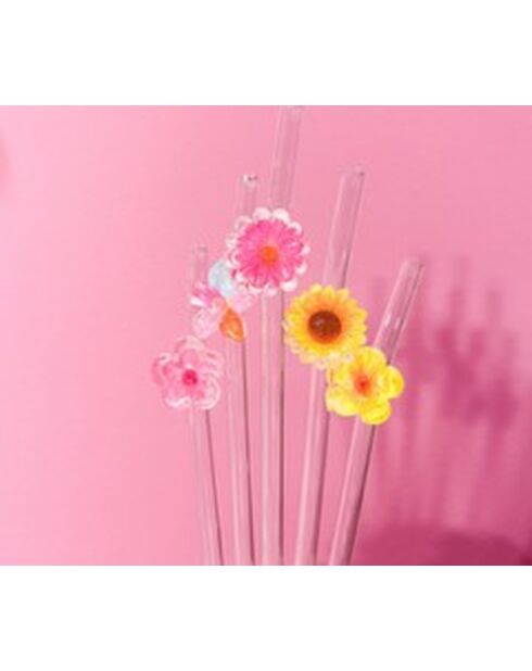 Strohhalm aus Glas mit rosa Blumen, 20 cm