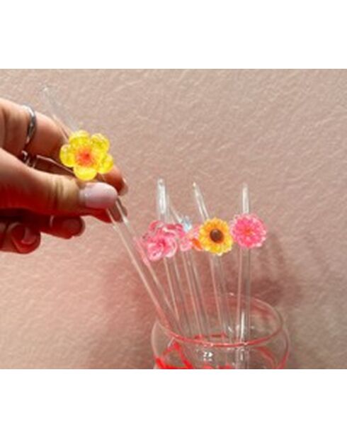 Strohhalm aus Glas mit gelber Blume, 20 cm