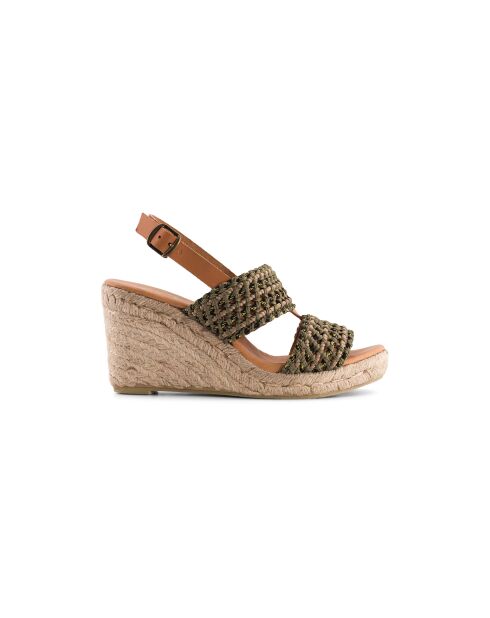 Khakifarbene Espadrilles aus geflochtenem Leder mit Keilabsatz
