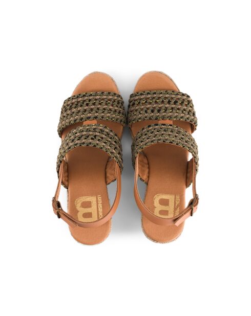 Khakifarbene Espadrilles aus geflochtenem Leder mit Keilabsatz