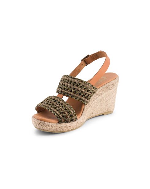 Khakifarbene Espadrilles aus geflochtenem Leder mit Keilabsatz