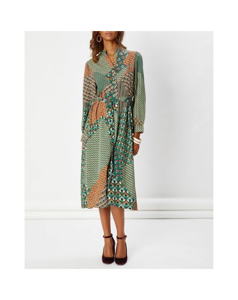 Bedrucktes Kleid in Mondgrün/Kamel