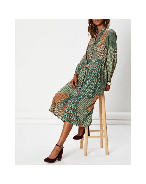 Bedrucktes Kleid in Mondgrün/Kamel