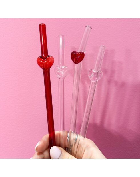 Glazen rietje met rood hart - 20cm