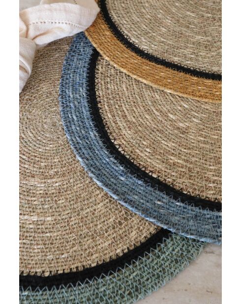 Set mit 6 runden Luna-Tischsets aus natürlichem und blauem Seegras — 38 cm