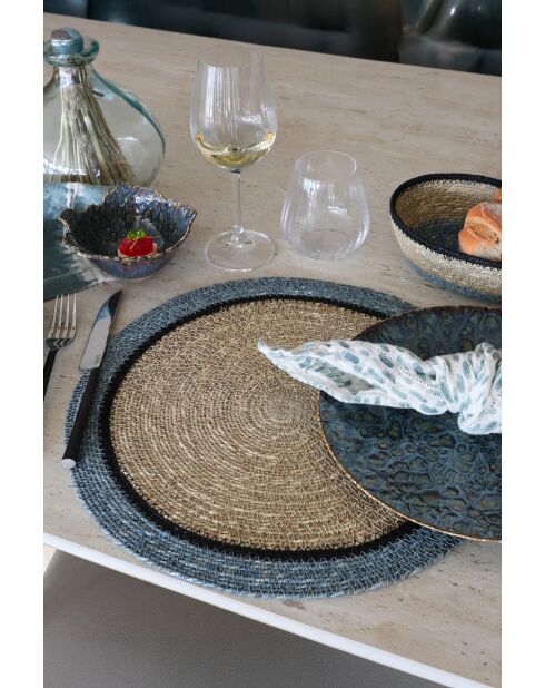 Set mit 6 runden Luna-Tischsets aus natürlichem und blauem Seegras — 38 cm