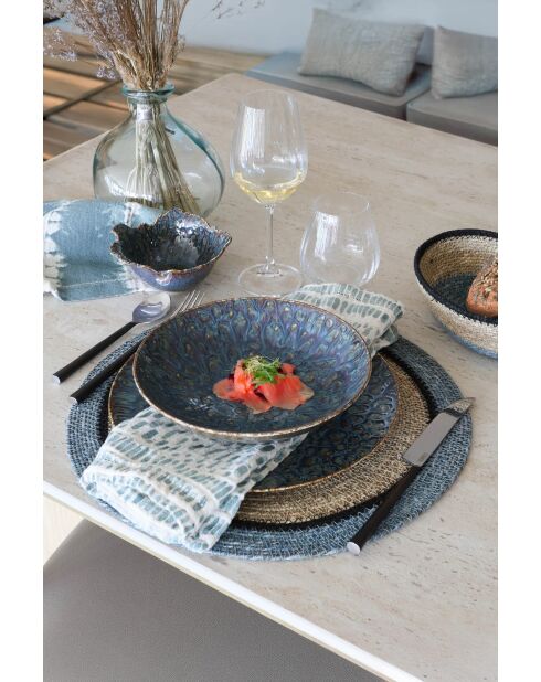 Set mit 6 runden Luna-Tischsets aus natürlichem und blauem Seegras — 38 cm