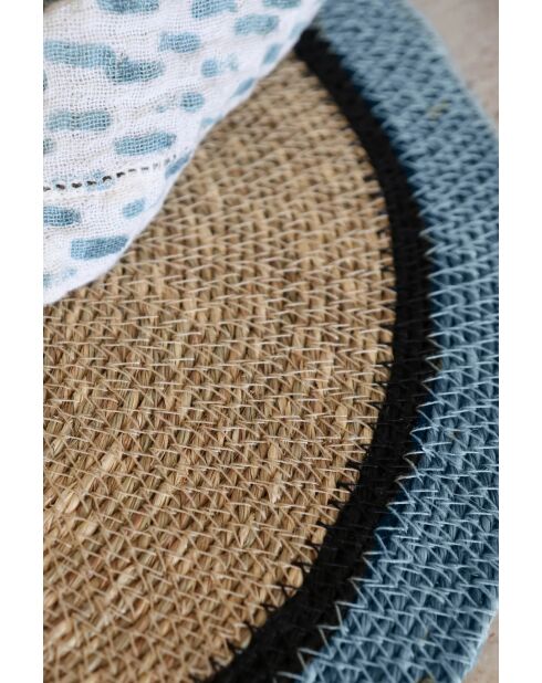 Set mit 6 runden Luna-Tischsets aus natürlichem und blauem Seegras — 38 cm