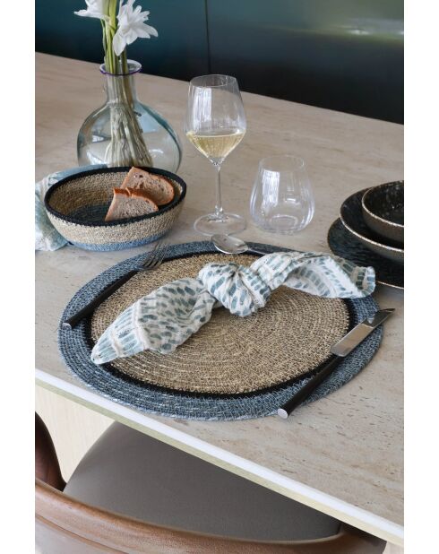 Set mit 6 runden Luna-Tischsets aus natürlichem und blauem Seegras — 38 cm