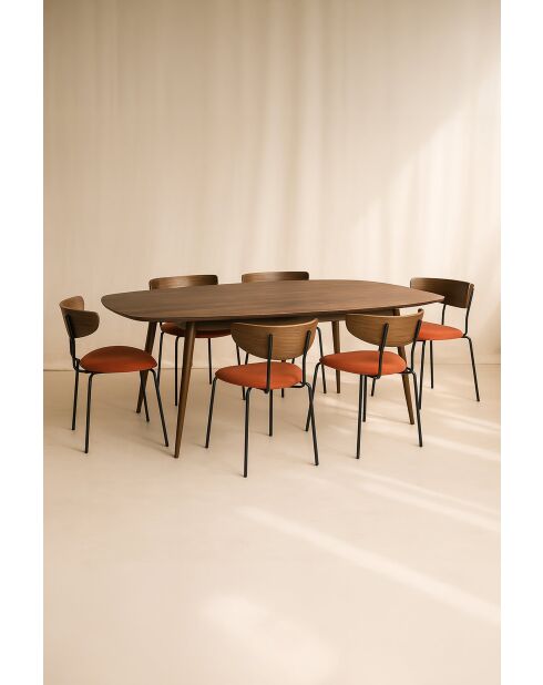 Juego de mesa rectangular +6 sillas en madera terracota/pana metálica