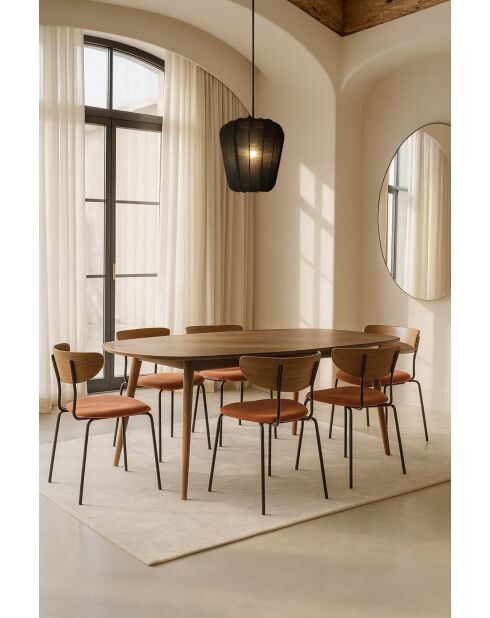 Juego de mesa rectangular +6 sillas en madera terracota/pana metálica