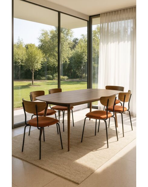 Juego de mesa rectangular +6 sillas en madera terracota/pana metálica