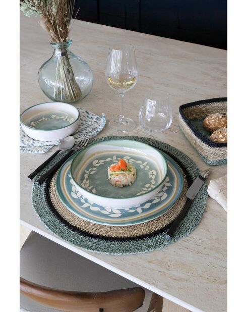 Lot 6 sets de table rond en jonc de mer Luna naturel et vert - 38cm