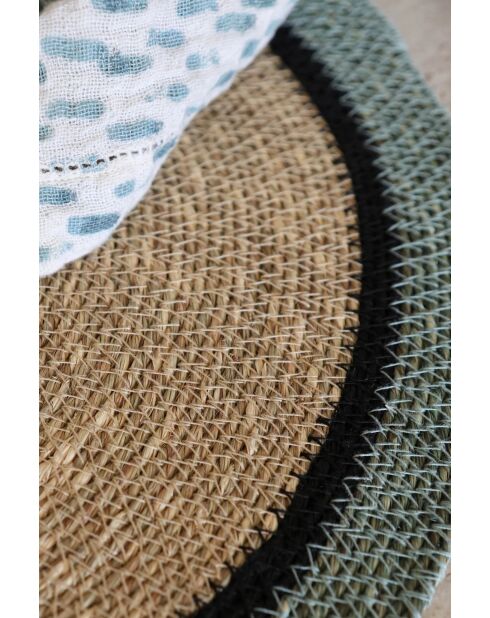 Lot 6 sets de table rond en jonc de mer Luna naturel et vert - 38cm