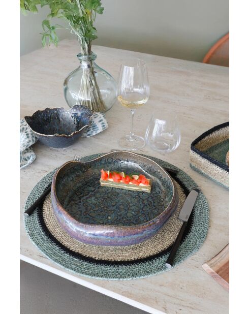 Lot 6 sets de table rond en jonc de mer Luna naturel et vert - 38cm