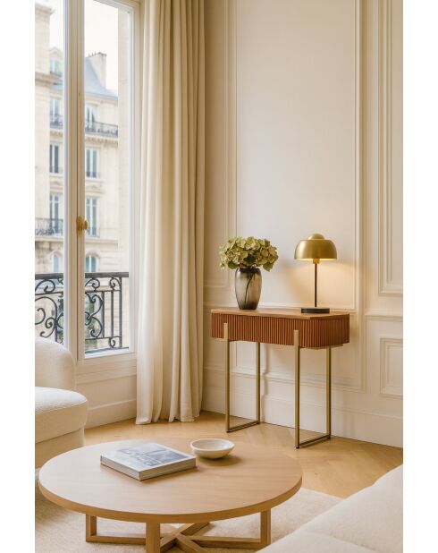 Selma Konsole aus MDF in Nussbaumholz-Optik mit goldfarbenen Metallbeinen