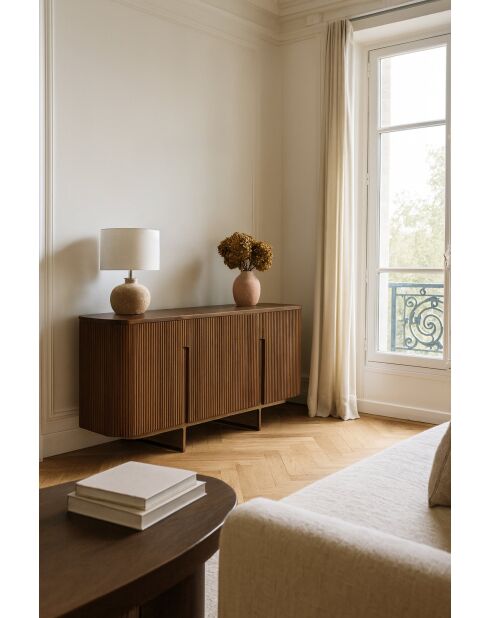 Credenza Selma a due ante effetto noce con gambe in metallo dorato - 140x40x76