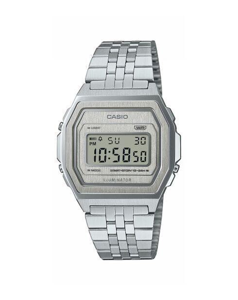 Montre-bracelet unisex numérique en acier inoxydable grise / nacre blanche