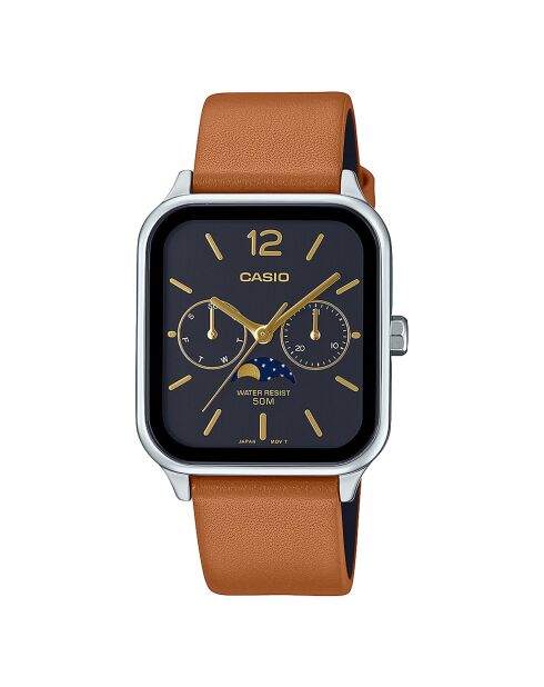 Montre-bracelet homme analogique en cuir marron / gris métallisé / noir