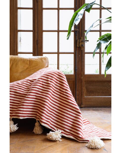 Berberdecke mit Pompons und roten Streifen - 300x200cm