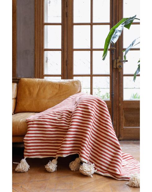 Berberdecke mit Pompons und roten Streifen - 300x200cm