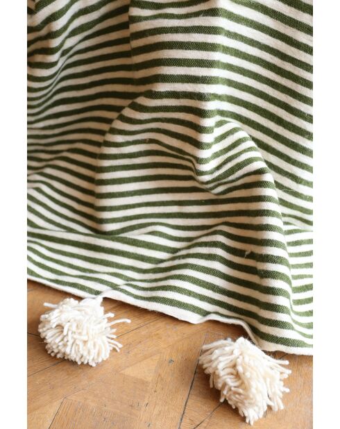 Tela escocesa bereber con borlas blancas y rayas caqui - 300x200 cm