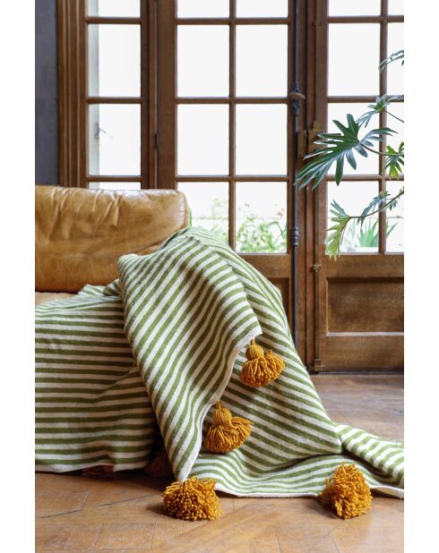 Berberdecke mit senffarbenen Quasten und khakifarbenen Streifen - 300x200cm