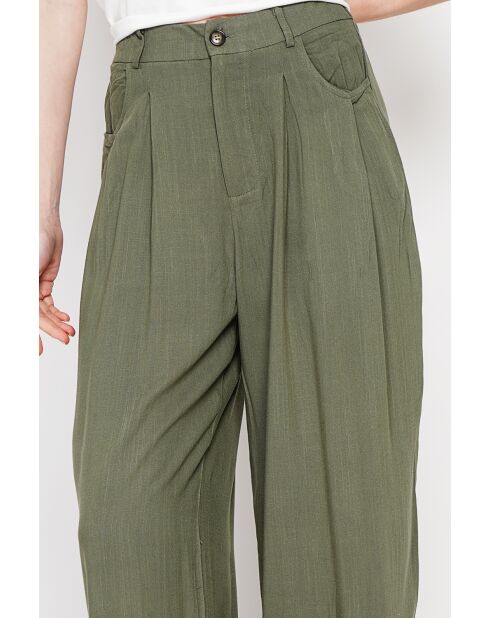 Danielle kaki getailleerde broek van linnenmix met wijde pijpen