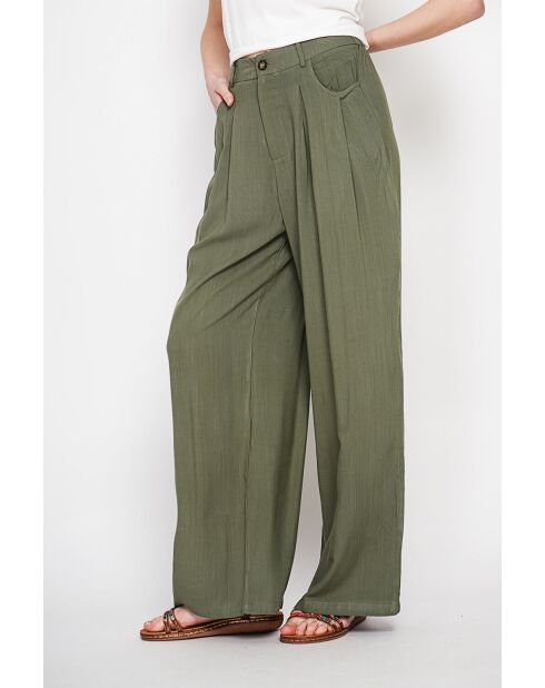 Danielle kaki getailleerde broek van linnenmix met wijde pijpen