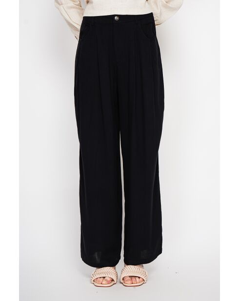 Danielle zwarte broek met wijde pijpen en linnenmix